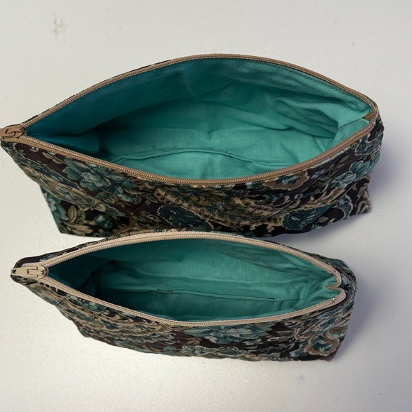 Hand Crafted Floral Cosmetic Bag Set - Teal and Brown - Picture 3 of 4